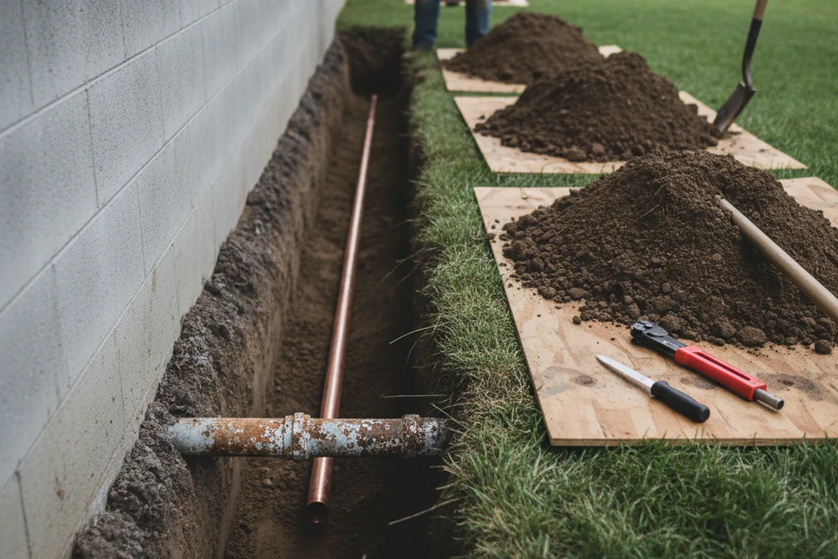 Excavated water line trench during Sewer Line Repair in Old Bridge